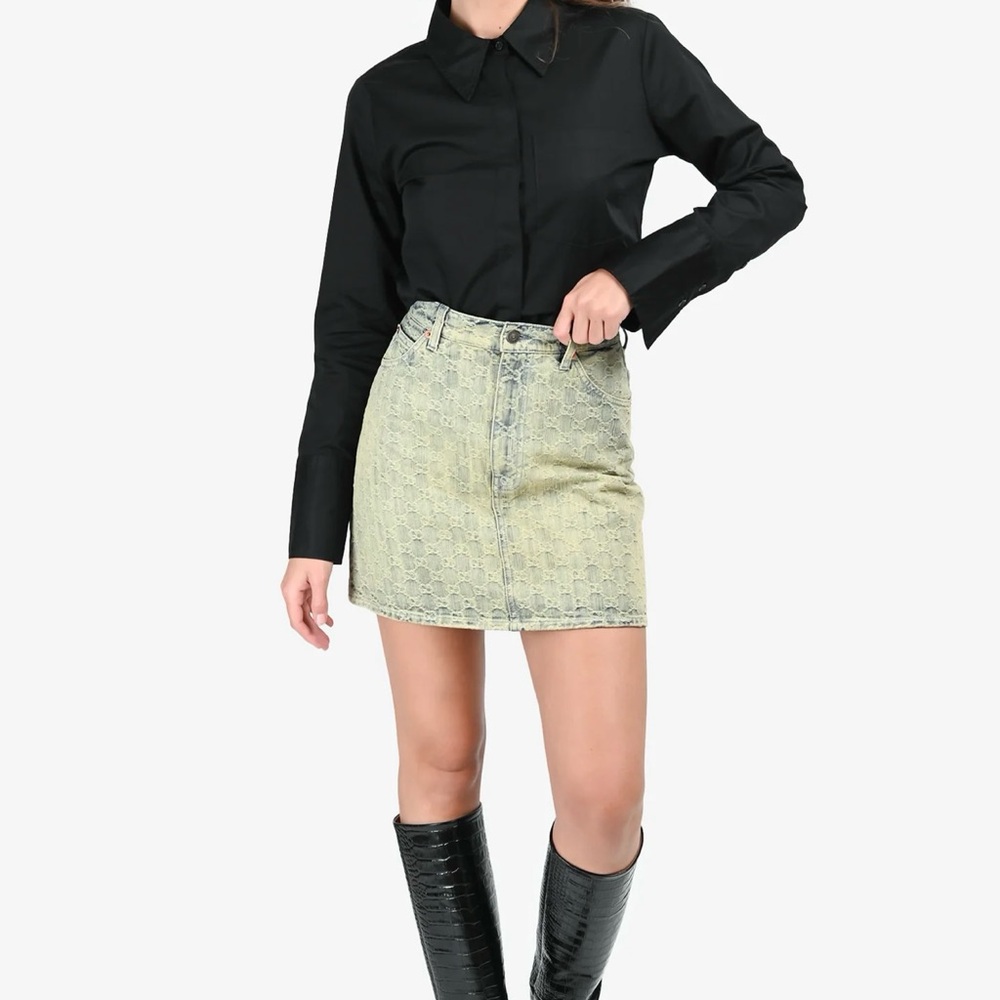 GUCCI LIGHT WASH DENIM MONOGRAM MINI SKIRT SIZE